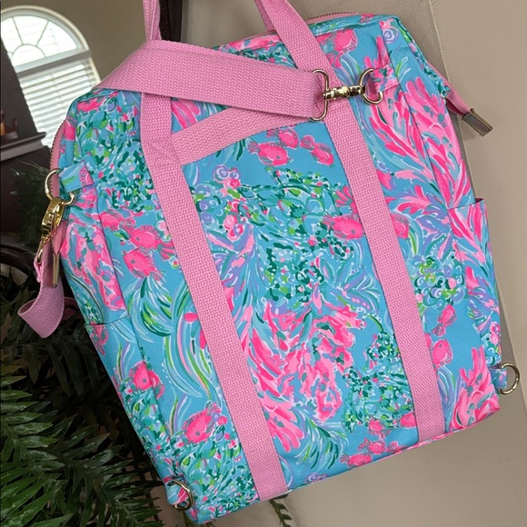 Lilly Pulitzer Insulated Backpack Cooler Tote Best Fishes Pink Blue Tropical - Picture 10 of 16